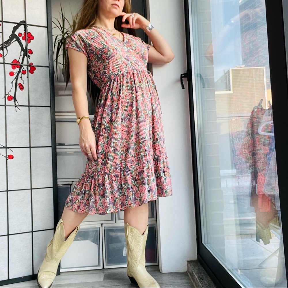Phase II Wrap Drop Shoulder Busty Bodice Micro Pleated MIDI Floral Dress